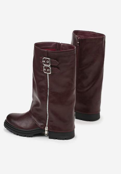 Bordowe Botki z Wywiniętą Cholewką Zdobioną Suwakiem i Sprzączkami Eevea