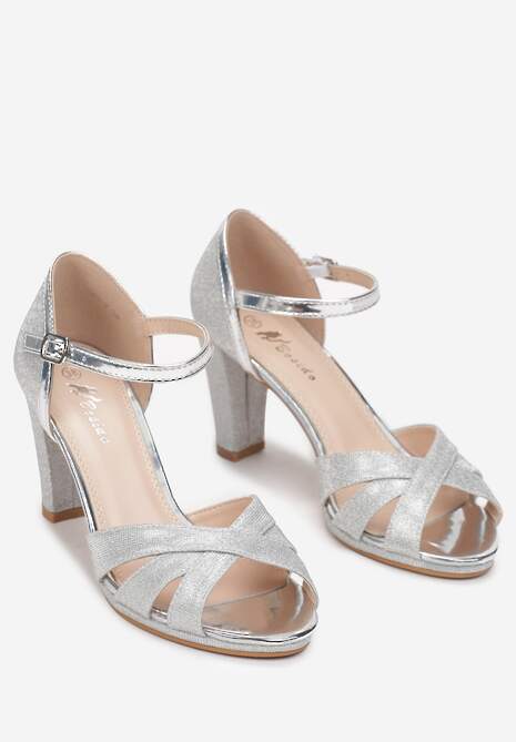 Srebrne Brokatowe Sandały na Słupku Diocia
