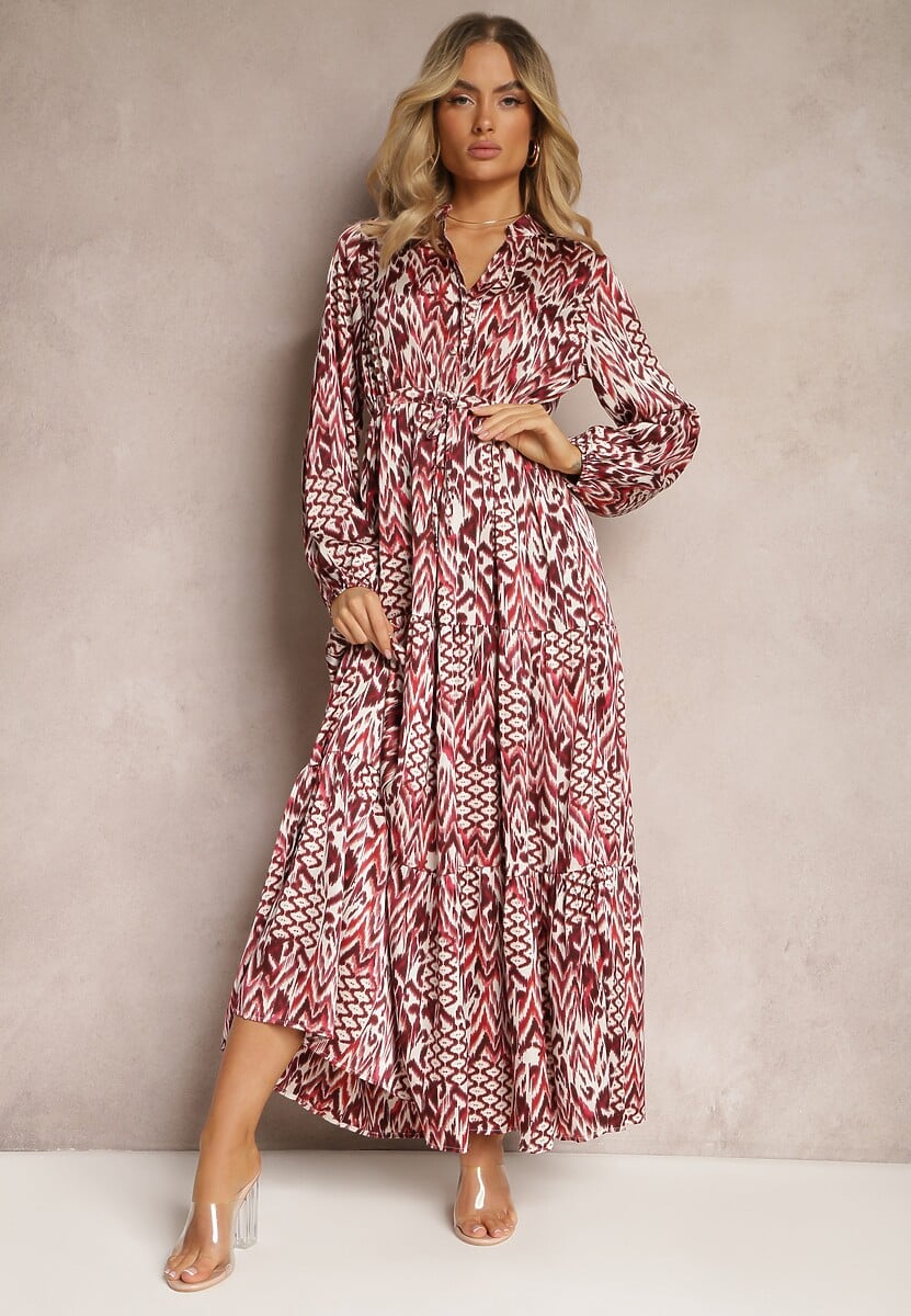 Czerwona Sukienka o Rozkloszowanym Kroju ze Ściągaczem w Talii i Trójkątnym Dekoltem z Guzikami Niamarie