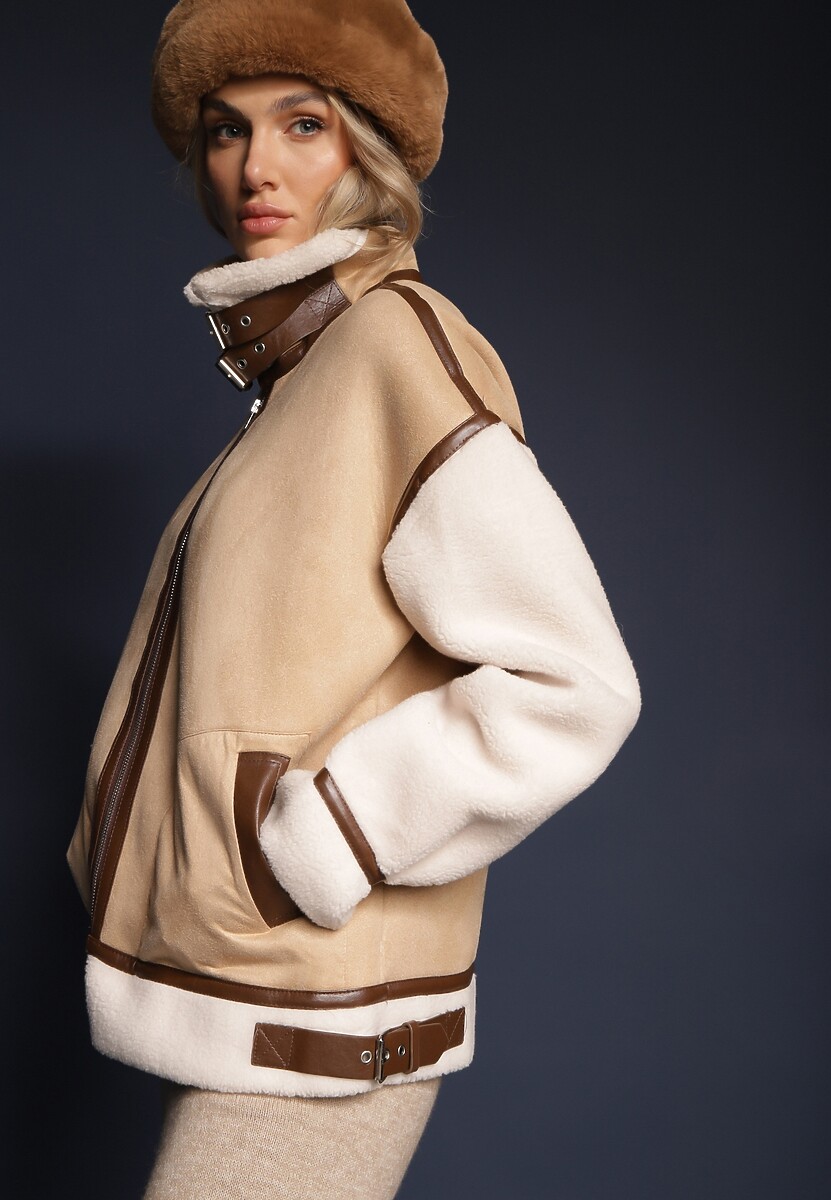 Beżowa Kurtka Pilotka ze Sztucznym Barankowym Futerkiem Phaerehe