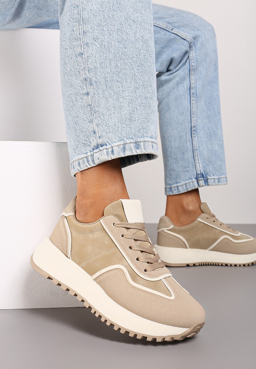 Ciemnobeżowe Sneakersy na Płaskiej Podeszwie Ozdobione Geometrycznym Wzorem Erimaraes