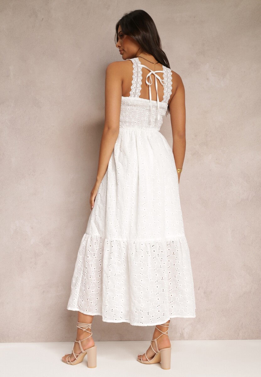 Biała Haftowana Sukienka Maxi z Koronką Norgann