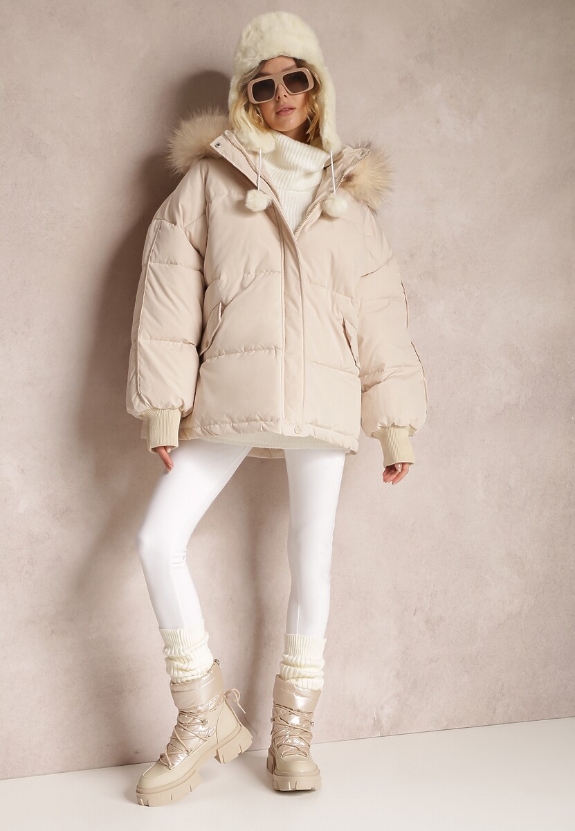 Beżowa Kurtka Oversize z Futrzanym Kapturem Haduni