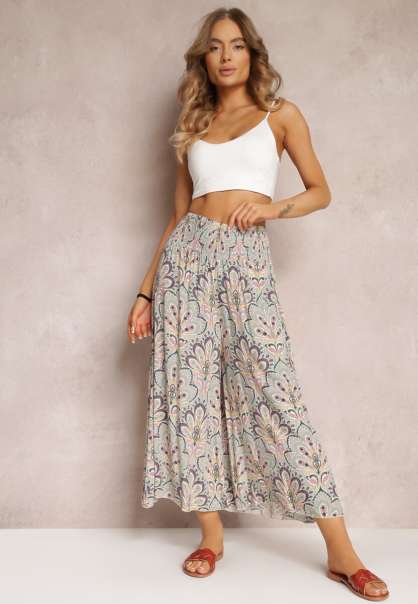 Różowo-Miętowe Spodnie z Gumką w Pasie i Szerokimi Nogawkami z Wiskozy Adotria