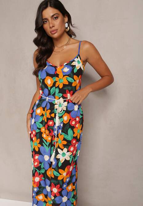 Czarno-Niebieski Kombinezon w Kwiatowy Print na Cienkich Ramiączkach ze Sznurkiem w Talii Angelime