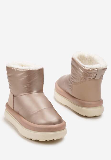 Złote Połyskujące Śniegowce na Płaskiej Podeszwie Ocieplone Futerkiem Brivida