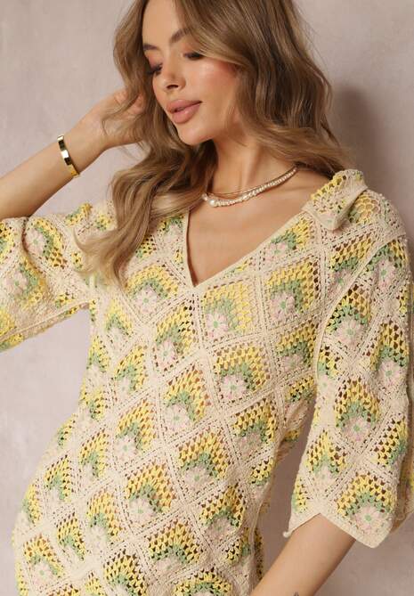 Beżowo-Zielona Szydełkowa Sukienka z Głębokim Dekoltem i Krótkim Rękawem z Bawełny Achla