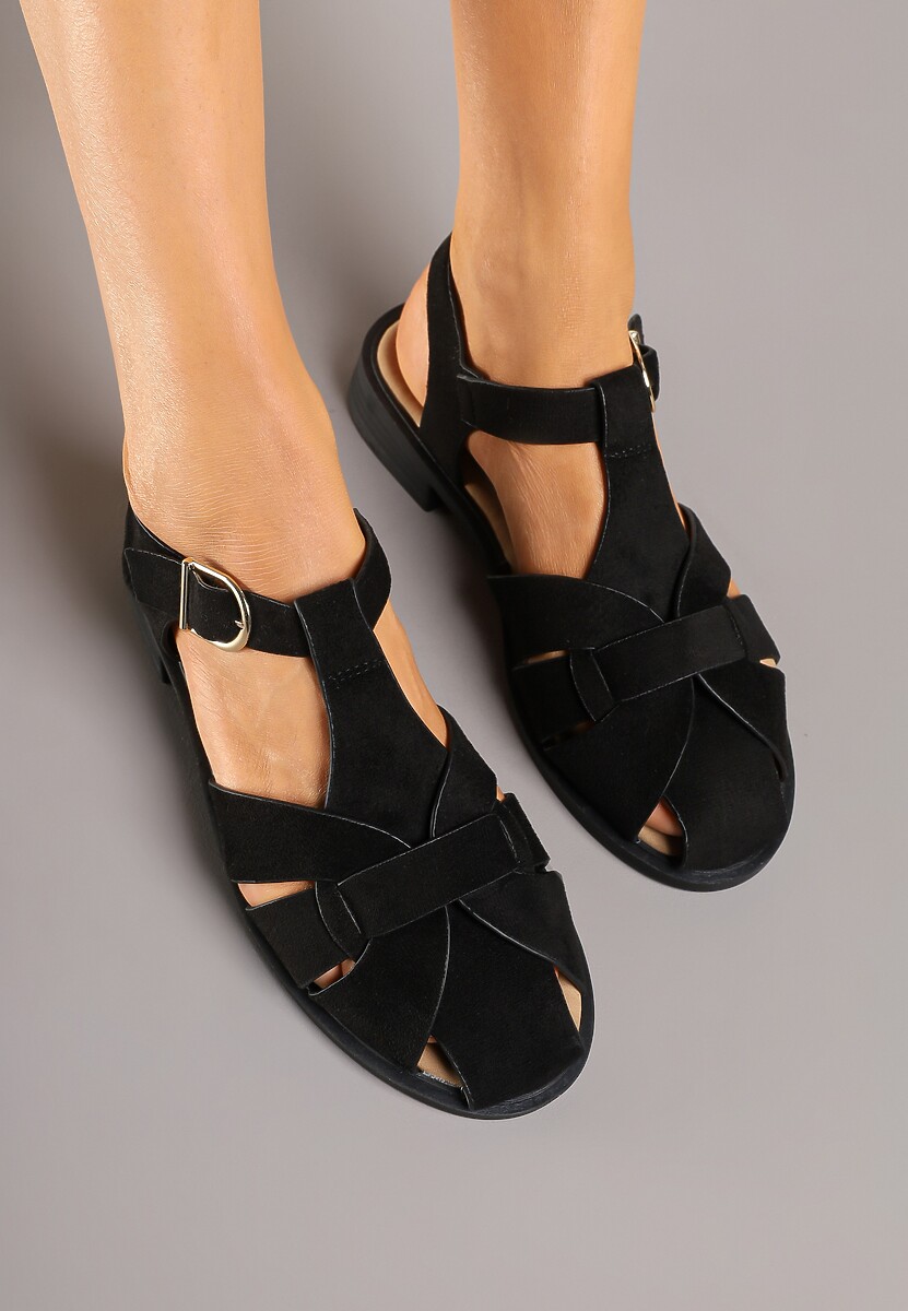 Czarne Sandały z Ekozamszu z Ozdobnymi Paskami i Zakrytym Noskiem Sorania