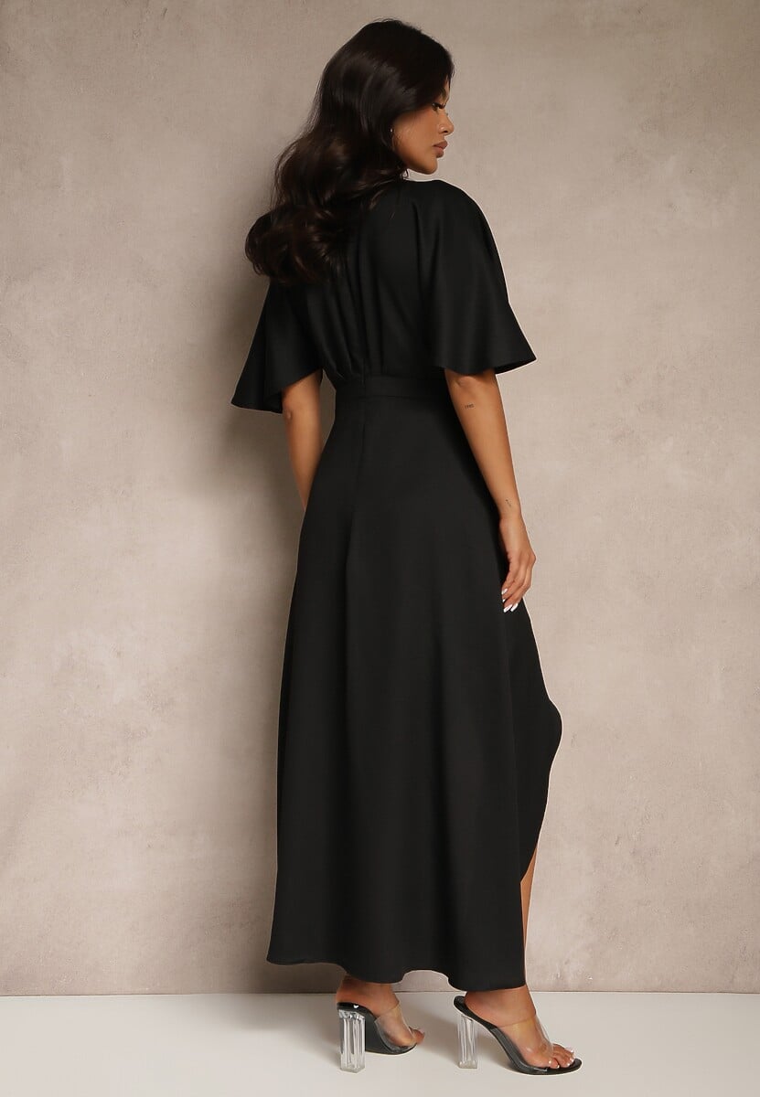 Czarna Asymetryczna Sukienka Koktajlowa Vices Ozdobiona Falbanką Nelioraia