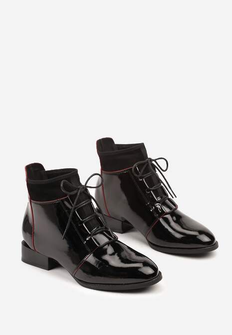 Czarne Lakierowane Botki Vices ze Sznurowaną Cholewką Senilea
