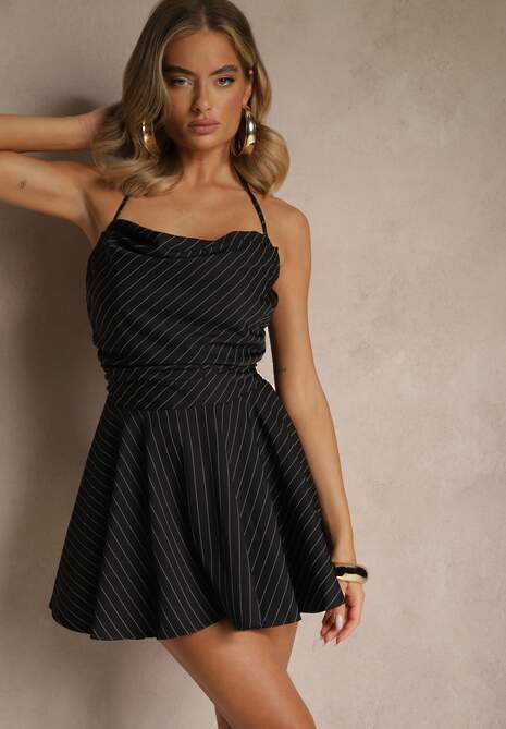 Czarna Rozkloszowana Sukienka Vices ze Wzorem Pasków Fenitia