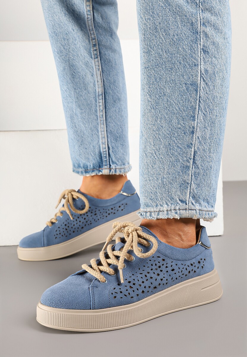 Niebieskie Ażurowe Sneakersy w Stylu Tenisówek ze Skóry Naturalnej Lirivra
