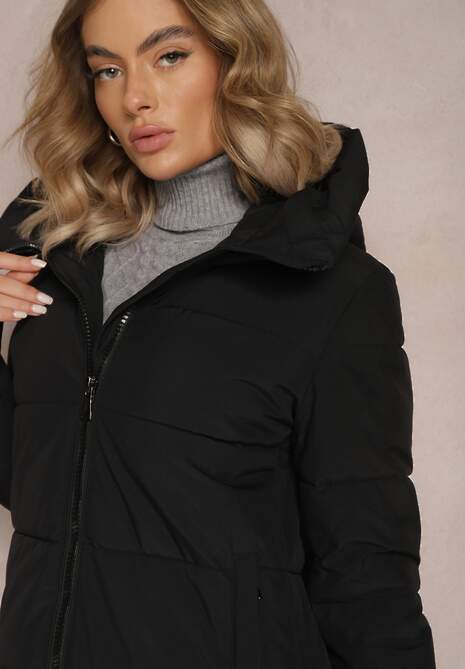 Czarna Długa Kurtka Płaszcz z Pikowaniem oraz Kapturem Madirre
