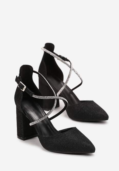 Czarne Czółenka z Brokatem na Słupku z Paskami w Cyrkonie Waleria