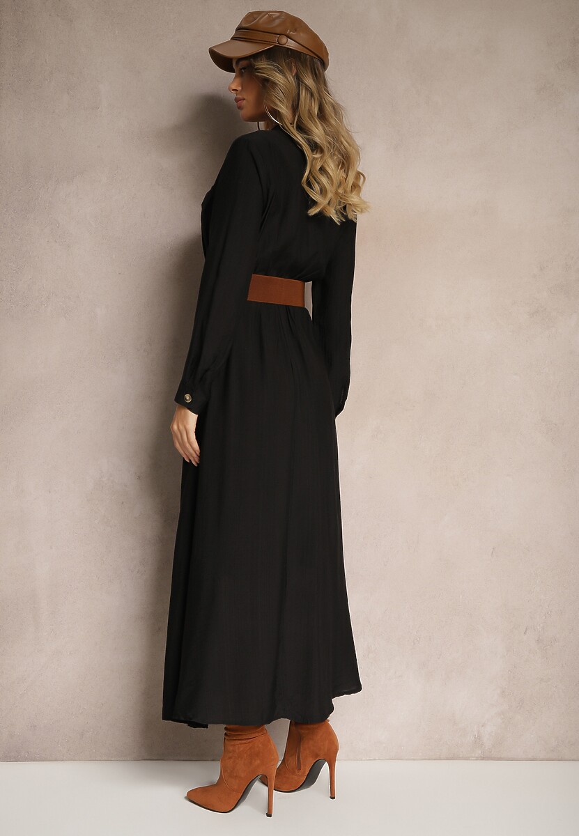 Czarna Koszulowa Sukienka o Rozkloszowanym Kroju z Paskiem i Gumką Zinfretta