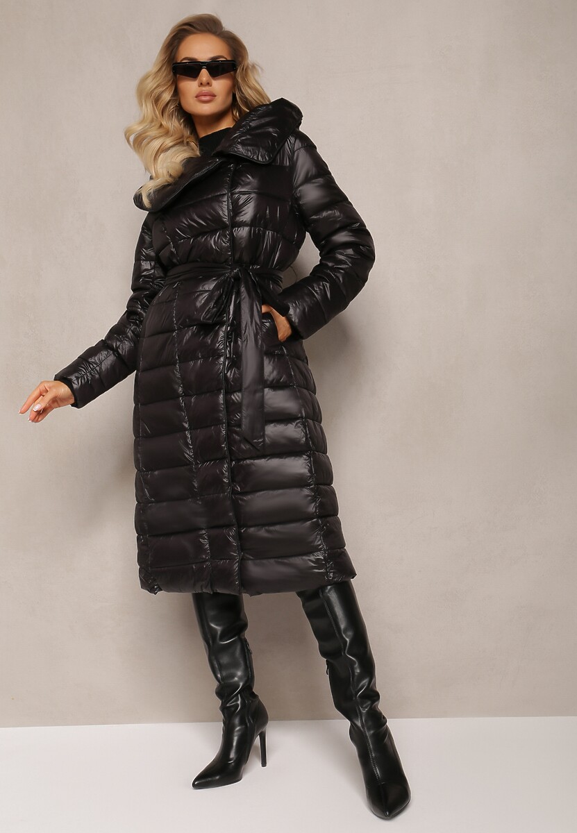 Czarna Długa Kurtka Pikowana Płaszcz z Szerokim Kołnierzem Mizii