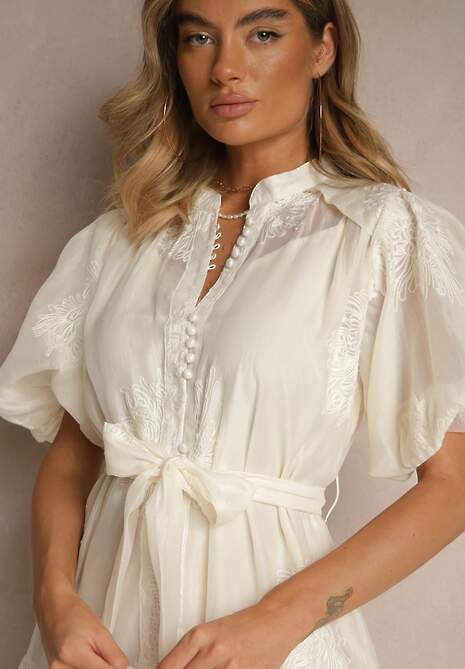 Beżowa Sukienka Koszulowa z Bawełną Ozdobiona Paskiem i Haftami Lirine