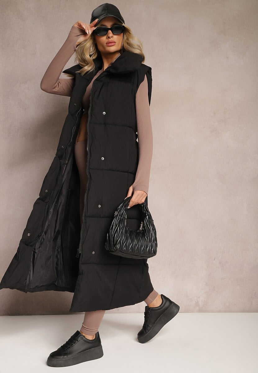 Czarna Kamizelka o Długim Fasonie Wiązanym w Pasie z Kołnierzem Umesine