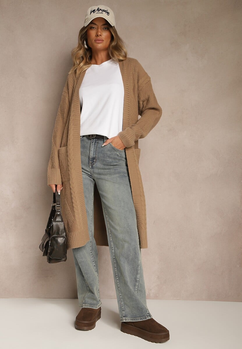 Brązowy Tłoczony Kardigan z Wełną o Kroju Bez Zapięć z Paskiem Dorrive