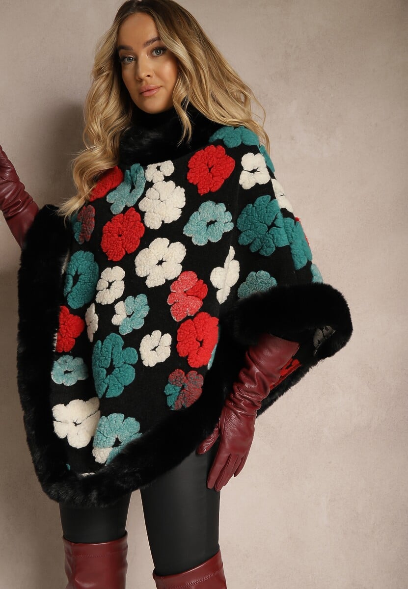 Czarne Ponczo z Wiskozy Zdobione Futrzanymi Aplikacjami w Kształcie Kwiatów Lealithwen