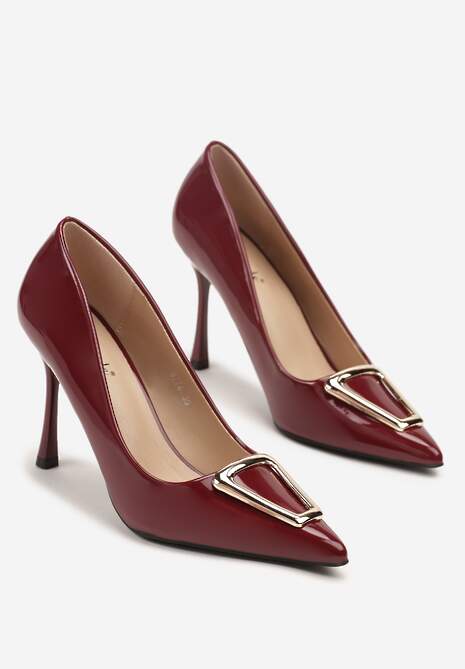Bordowe Szpilki Lakierowane Ozdobione Aplikacją Riluana