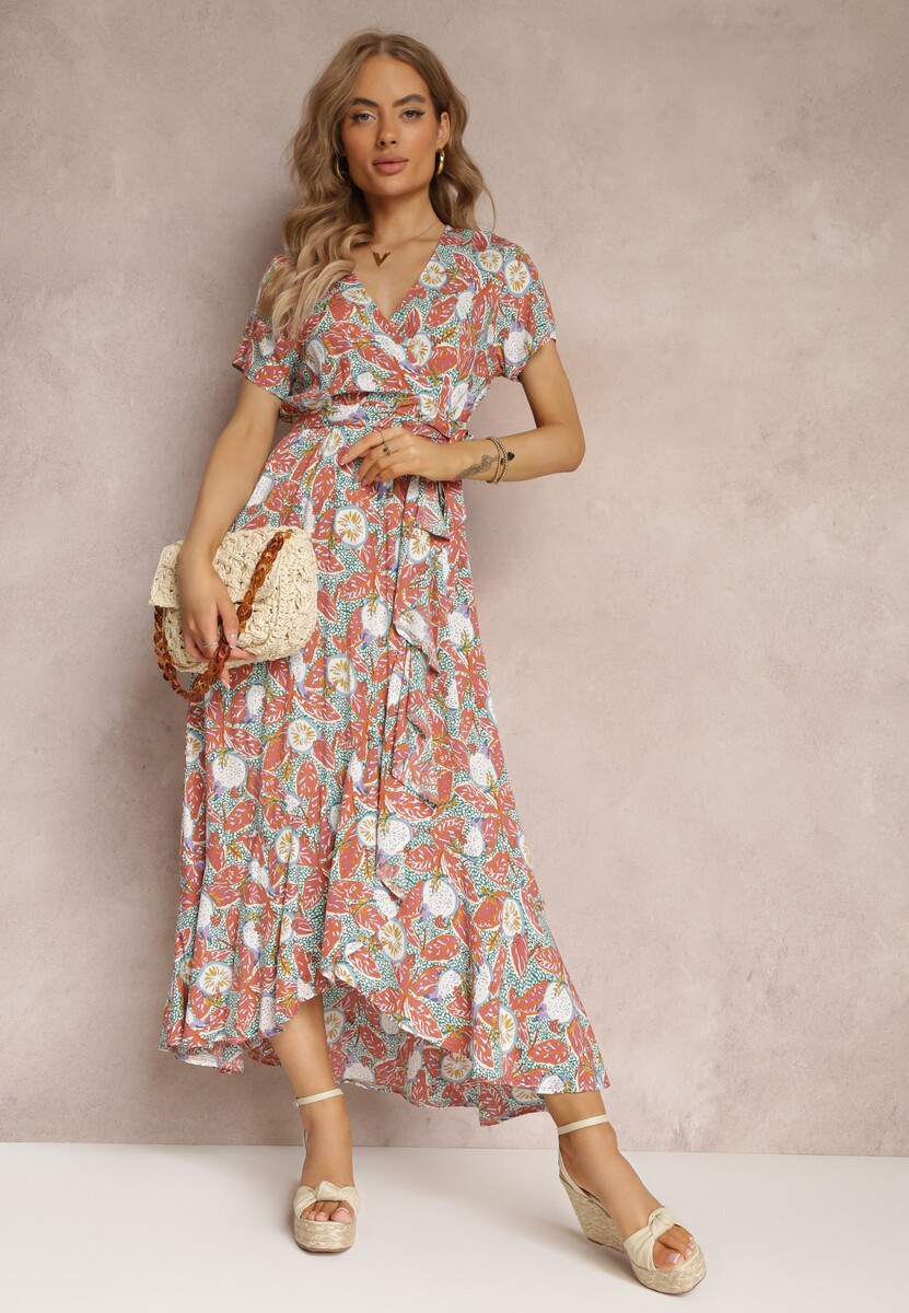 Zielono-Czerwona Kopertowa Sukienka z Wiskozy z Gumką w Talii i Krótkimi Rękawami Reiya