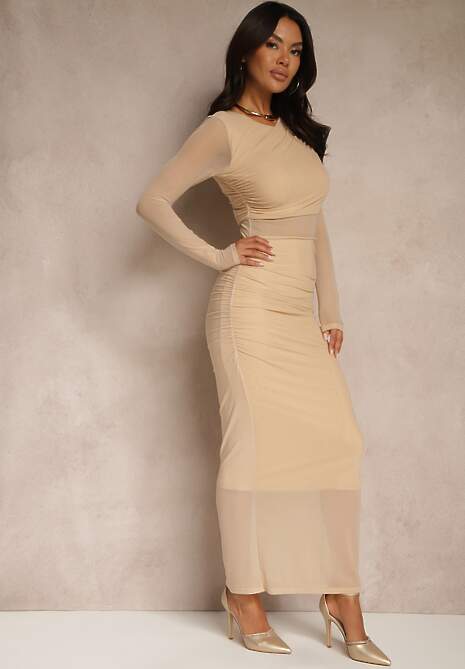 Beżowa Siateczkowa Sukienka Maxi o Dopasowanym Kroju Kremse