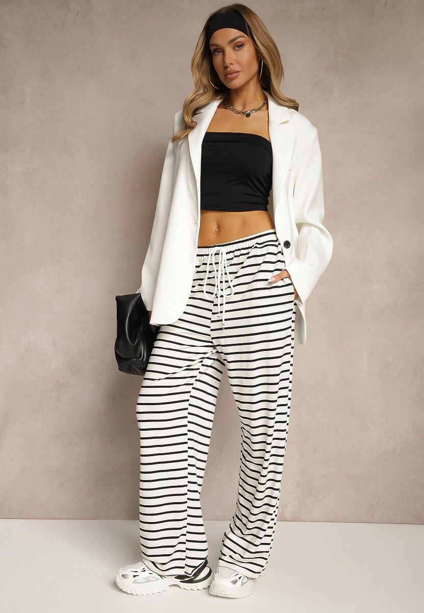 Czarne Spodnie z Wiskozą o Szerokim Kroju High Waist w Paski Bormio