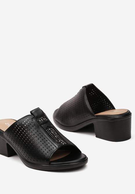 Czarne Klapki z Ażurowym Paskiem z Cyrkoniami na Słupku Voxela