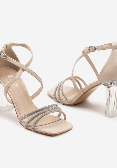 Beżowe Sandały na Transparentnym Słupku z Cyrkoniami Zapinane przy Kostce Tesaie