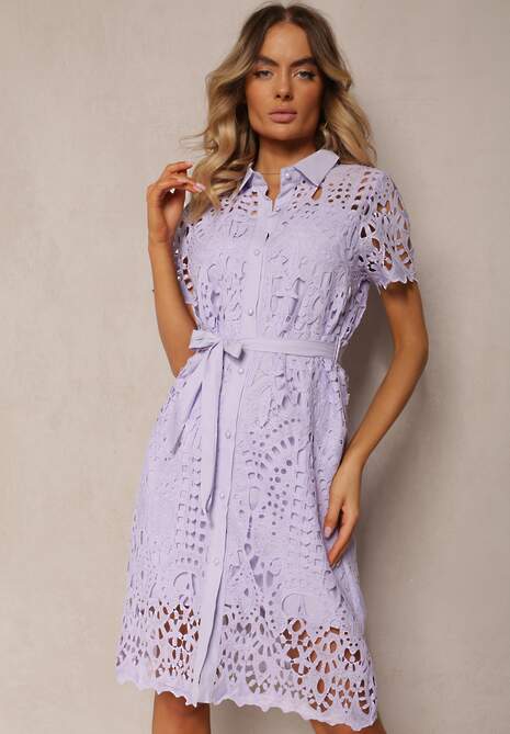 Fioletowa Koszulowa Sukienka Midi z Ażurowym Zdobieniem Tatrasi