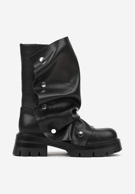 Czarne Marszczone Botki ze Zdobieniem na Napy Tusaera