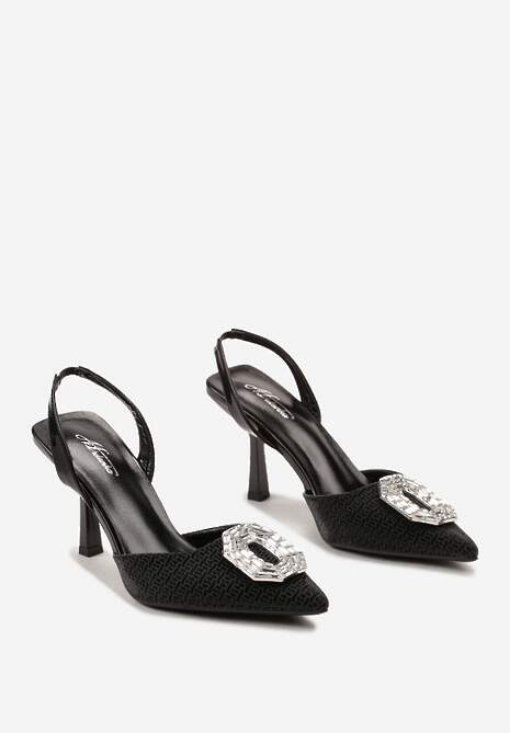 Czarne Sandały z Odkrytą Piętą Ozdobione Metaliczną Wstawką i Cyrkoniami Urushi