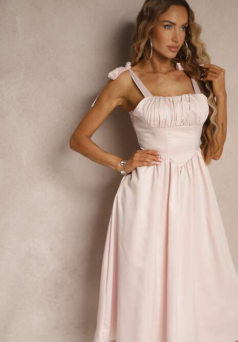 Różowa Sukienka Vices o Rozkloszowanym Kroju z Wiązanymi Ramiączkami Natirise