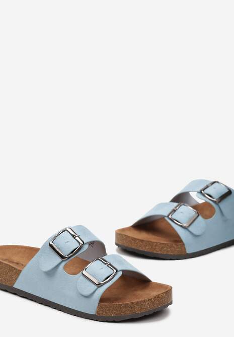 Niebieskie Płaskie Klapki na Podeszwie z Korka z Ozdobnymi Klamrami Cradiasa