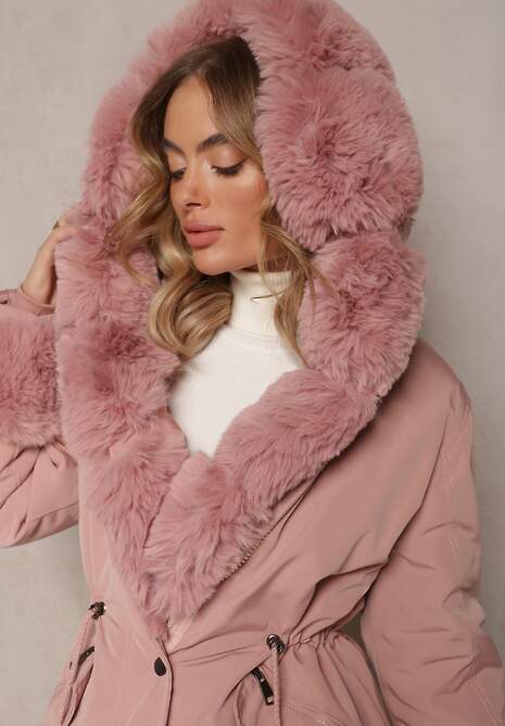 Różowa Kurtka Parka ze Ściągaczem i Kapturem z Futerkiem Bellad