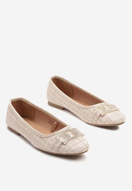 Beżowe Balerinki Tweedowe Ozdobione Cyrkoniami Nuritta