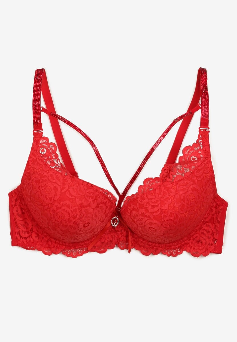 Czerwony Koronkowy Biustonosz z Cyrkoniami i Efektem Push-Up Ivantia