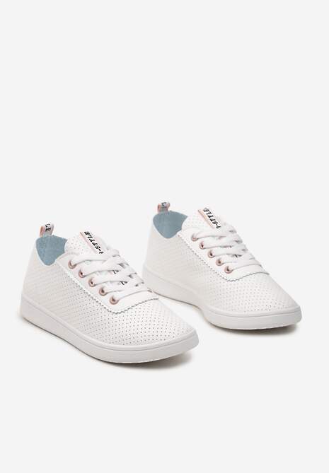 Biało-Różowe Tenisówki Ozdobione Taśmą z Napisem na Języku i Pięcie Cholewka z Perforacją Aelita