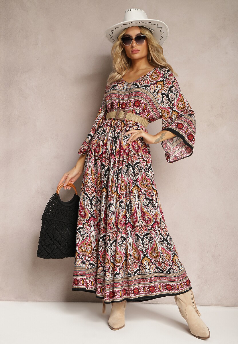 Czarno-Bordowa Rozkloszowana Sukienka we Wzór Paisley z Rękawem 3/4 Briarwa