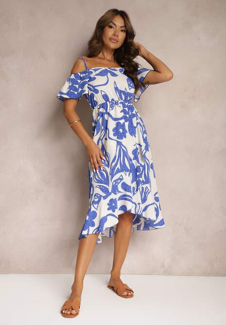 Niebiesko-Biała Sukienka na Ramiączkach z Hiszpańskim Dekoltem i Gumką w Talii Nellondra