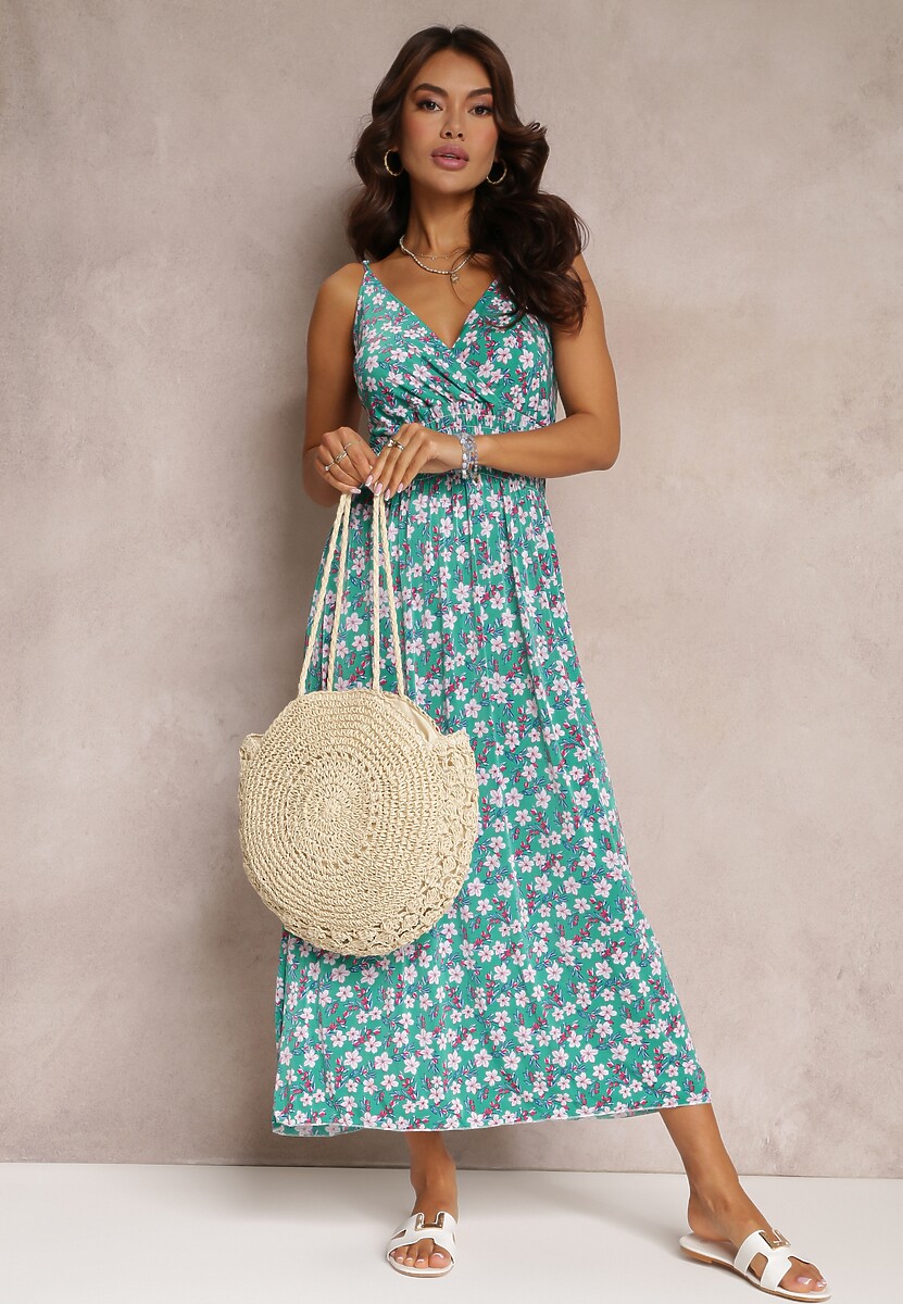 Zielona Rozkloszowana Sukienka Maxi na Ramiączkach z Cienkimi Gumkami w Talii Daniyelle