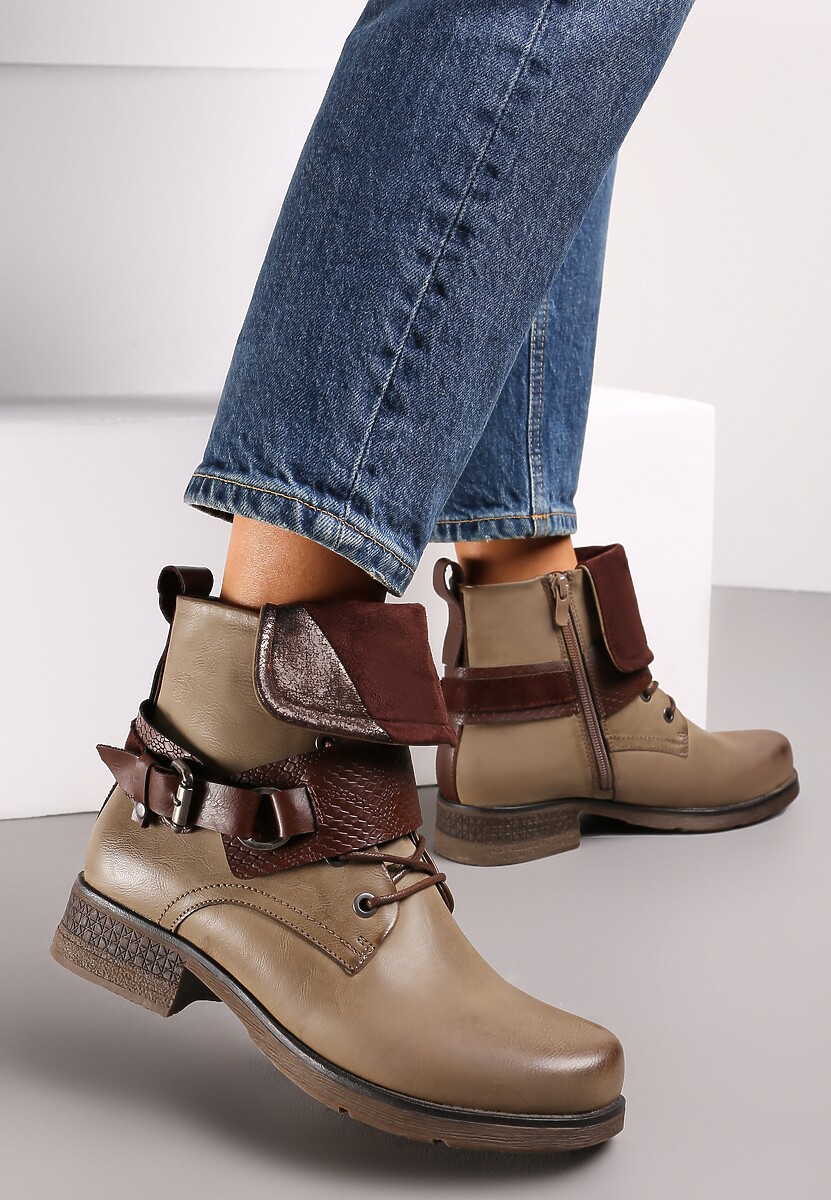 Ciemnobeżowe Workery Botki z Klamrą i Wywiniętą Cholewką Glenfia