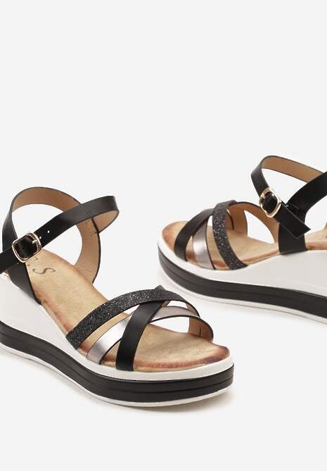 Czarne Casualowe Sandały na Ozdobnym Koturnie z Brokatem Effiola