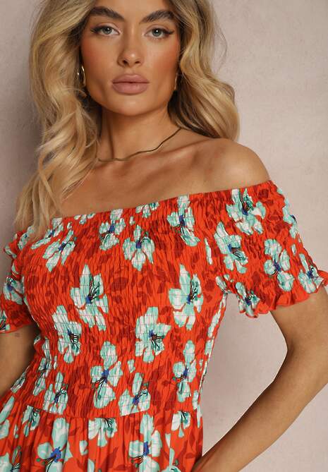 Pomarańczowa Rozkloszowana Sukienka Hiszpanka z Gumką w Talii w Kwiaty Nametris
