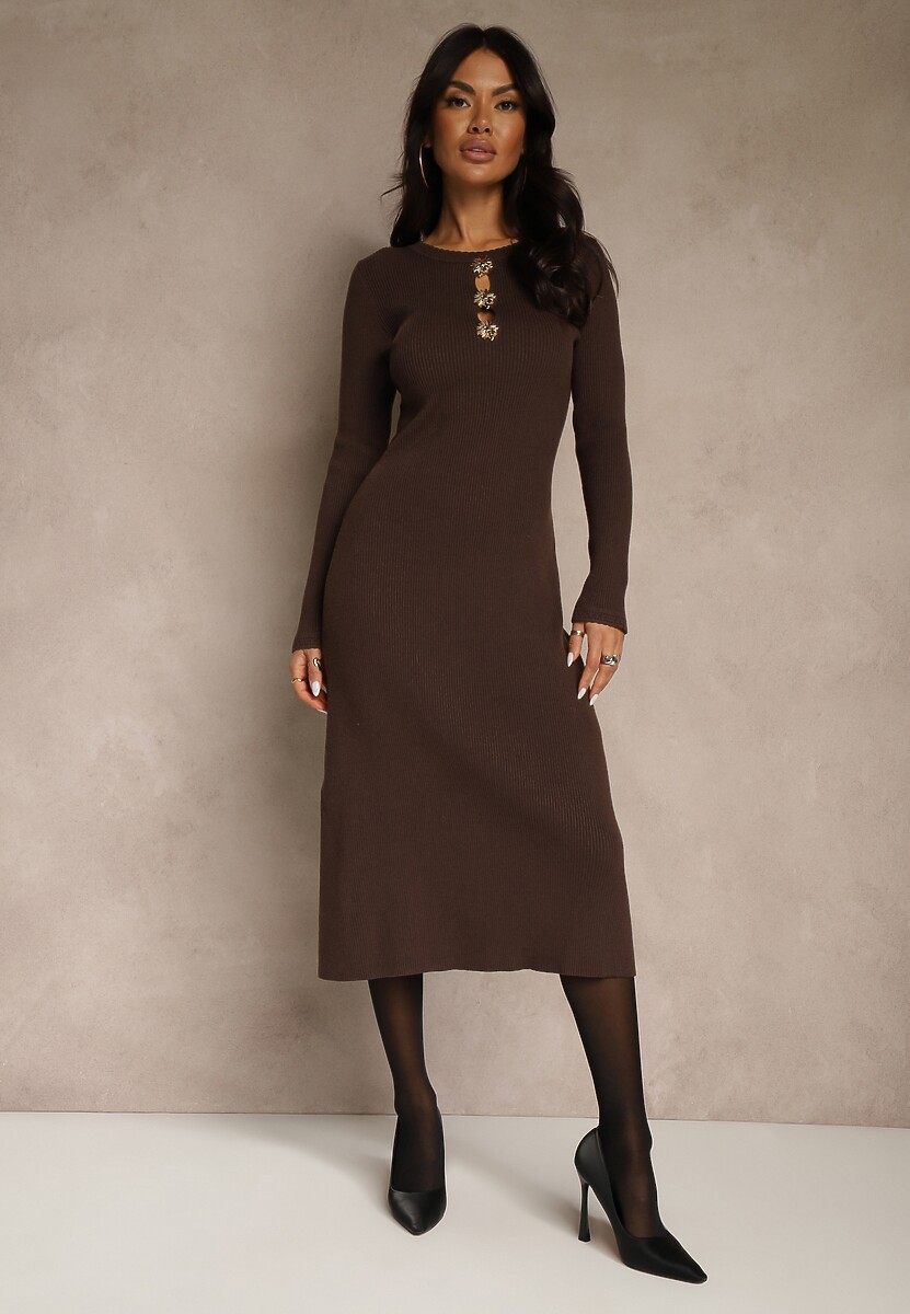 Czarna Prążkowana Sukienka z Dzianiny z Wiskozą Zdobiona Aplikacjami Tusmeira