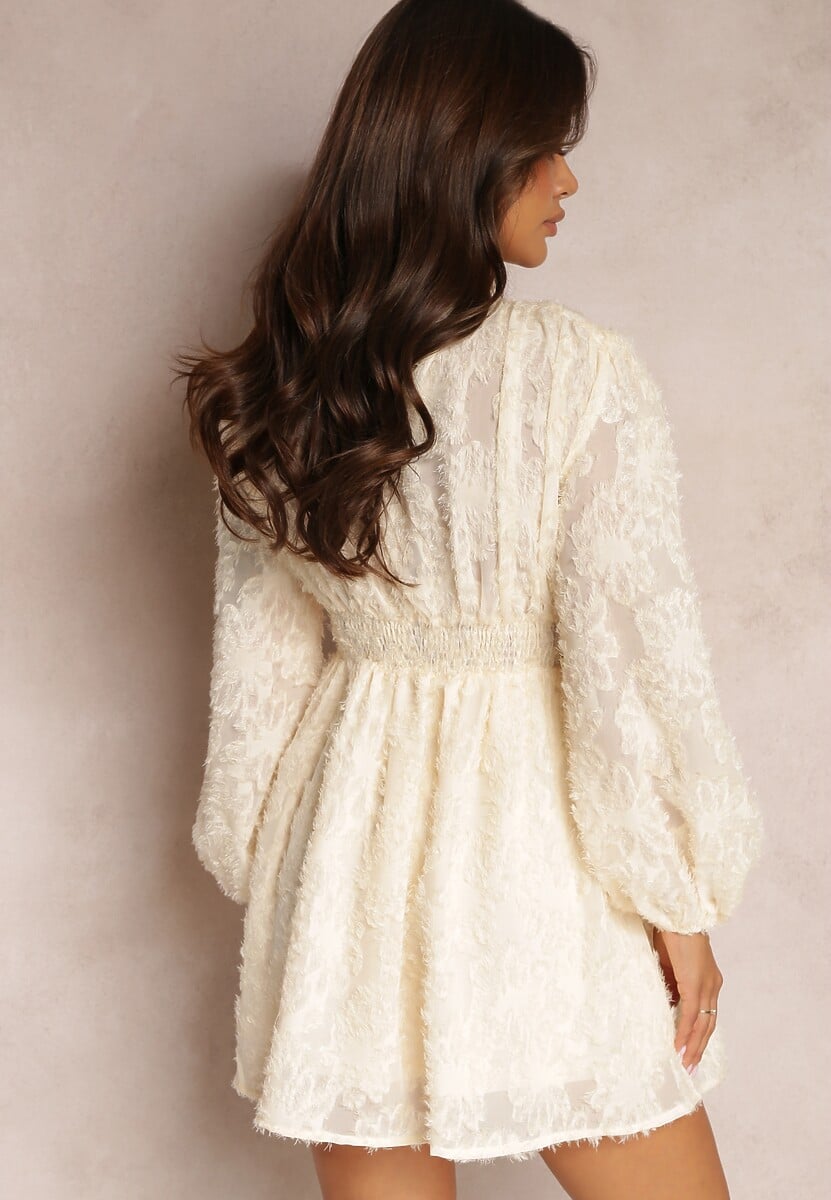 Beżowa Koronkowa Sukienka Mini z Gumką w Pasie Netta