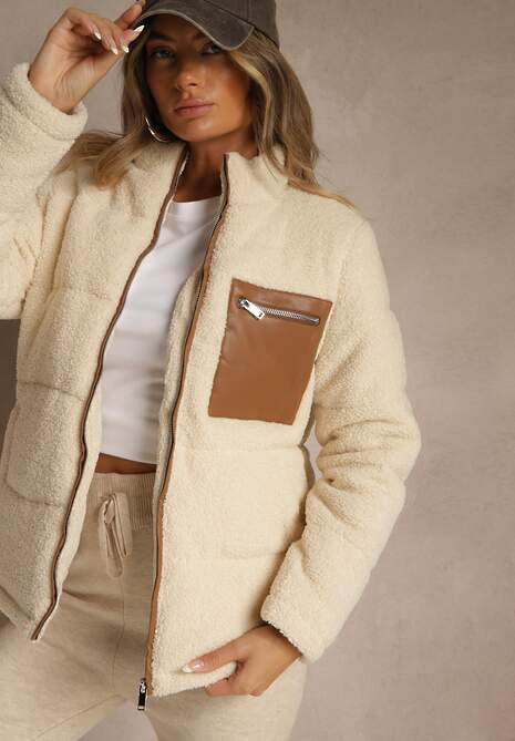 Beżowa Pikowana Kurtka z Futerkiem Teddy Olenesia