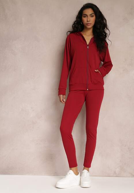 Czerwony 3-częściowy Komplet Legginsy z Gumką w Talii z Topem i Bluzą z Kapturem Lineta