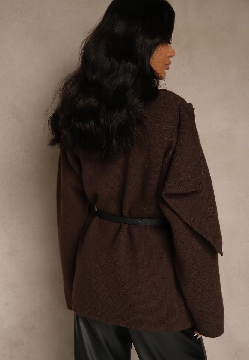 Brązowy Elegancki Kardigan z Wiskozy z Paskiem i Narzutką Roweda